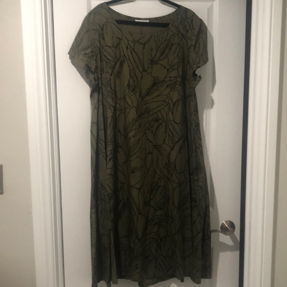 Bryn Walker Cotton A Line Green and Black Print Dress. Size L. NWOT